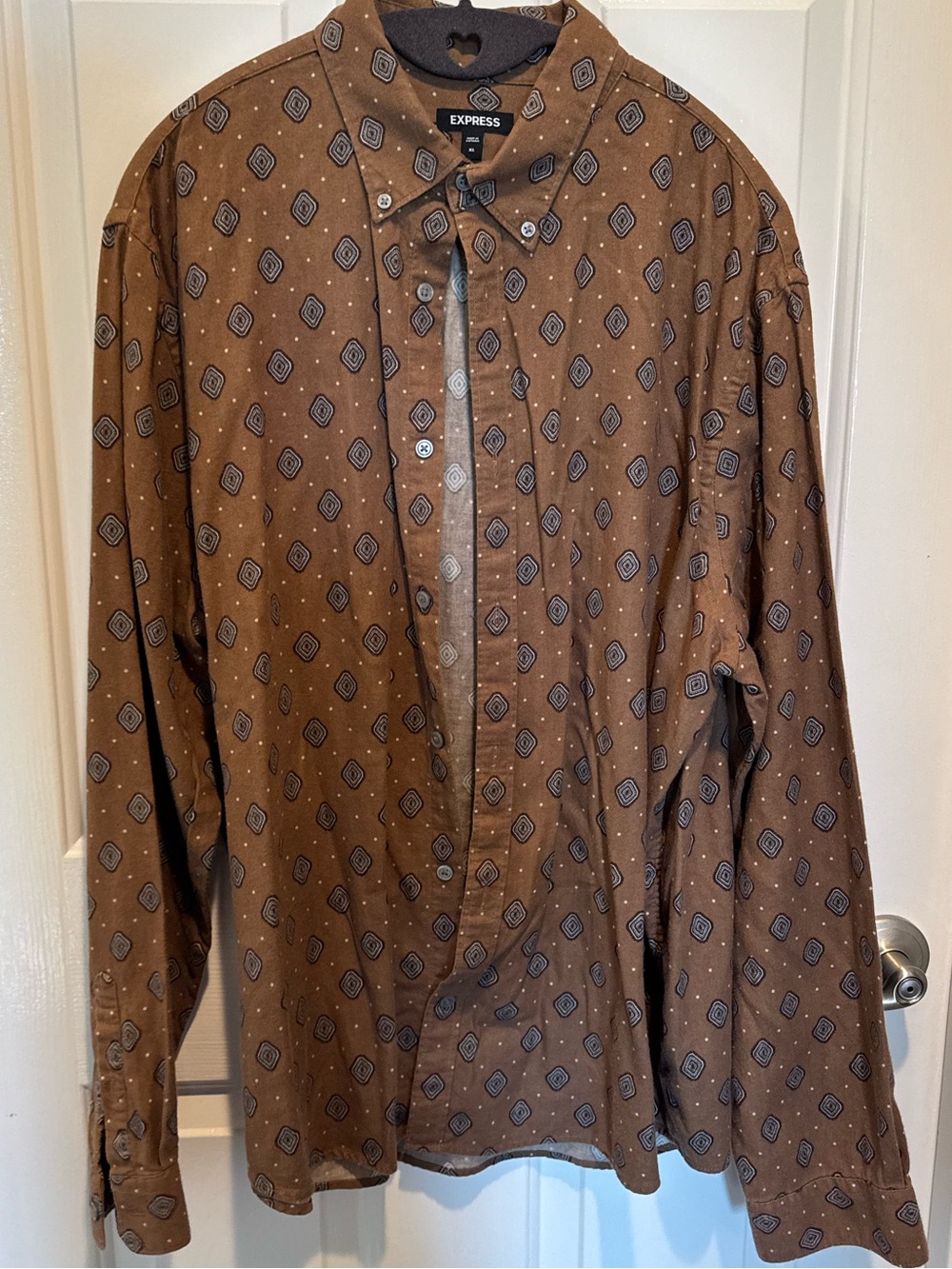Mens Express Button-Up Brown Geo Print Shirt Size XL